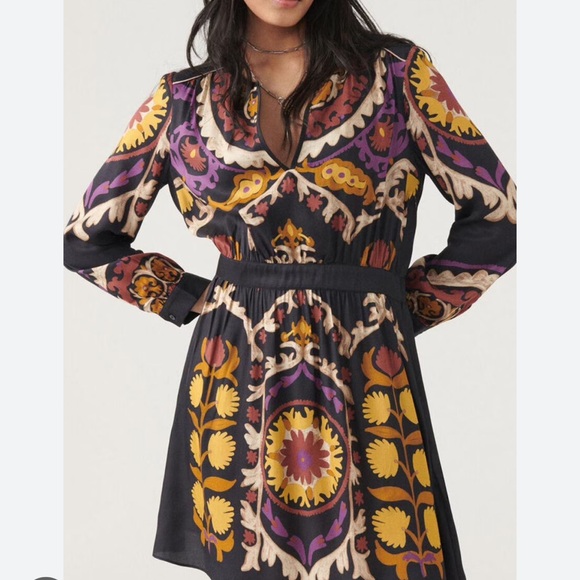 ba&sh Dresses & Skirts - ba&sh Fedora Black Tan Purple Split V-neck Long Sleeve Lady Dress S